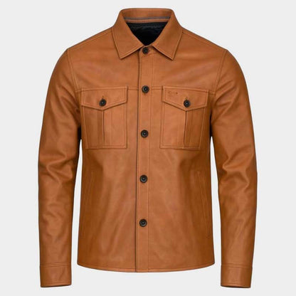 Genuine Sheep Leather Shacket in Tan with Button Closure