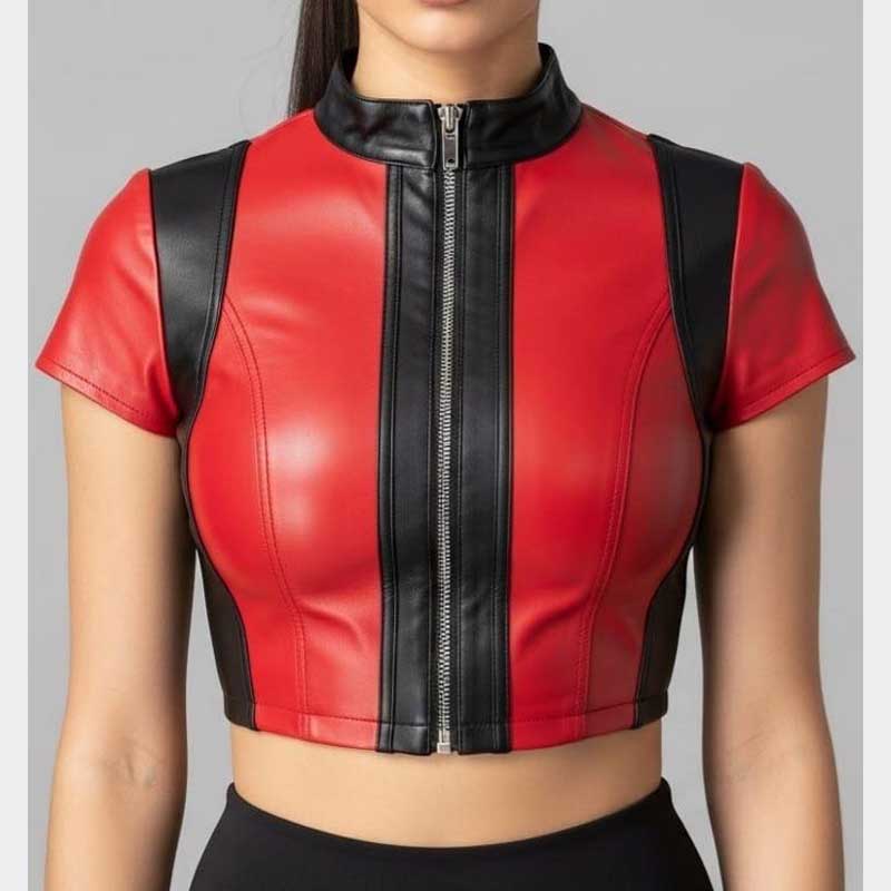 Genuine leather red and black cyberpunk crop top handmade biker vest front view