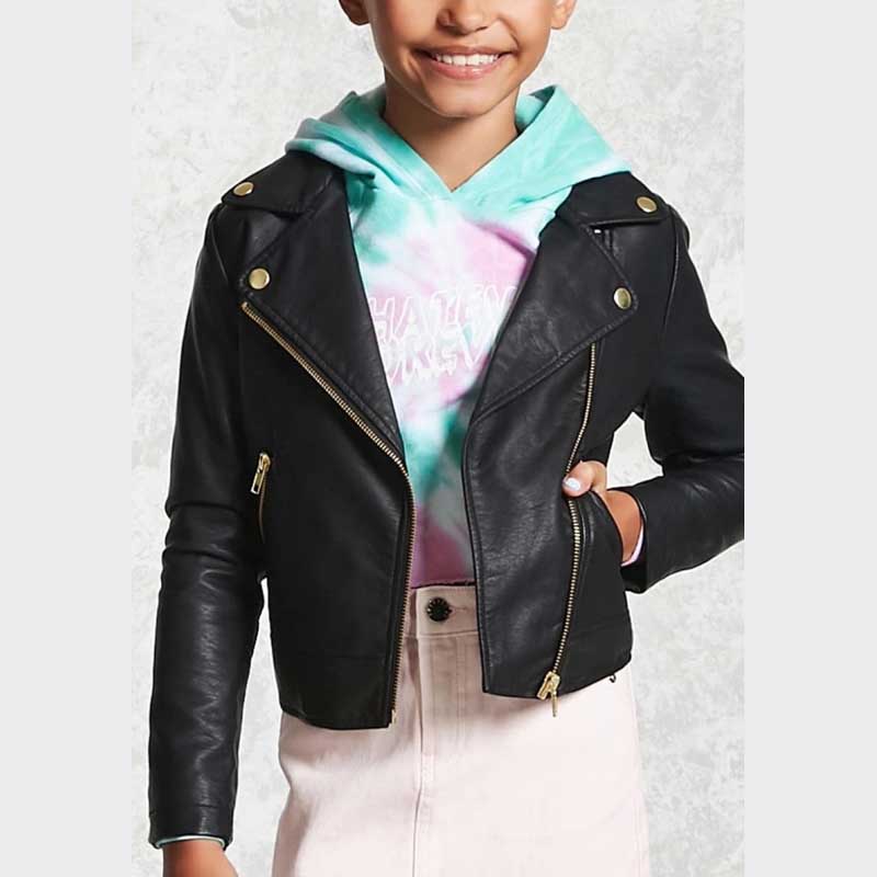 Girls Black Leather Moto Jacket with Zipper Front and Notch Collar
