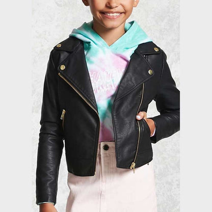 Girls Black Leather Moto Jacket with Zipper Front and Notch Collar
