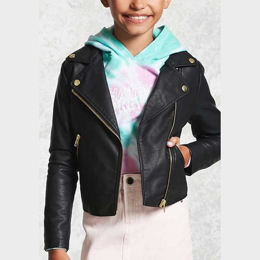 Girls Black Leather Moto Jacket with Zipper Front and Notch Collar