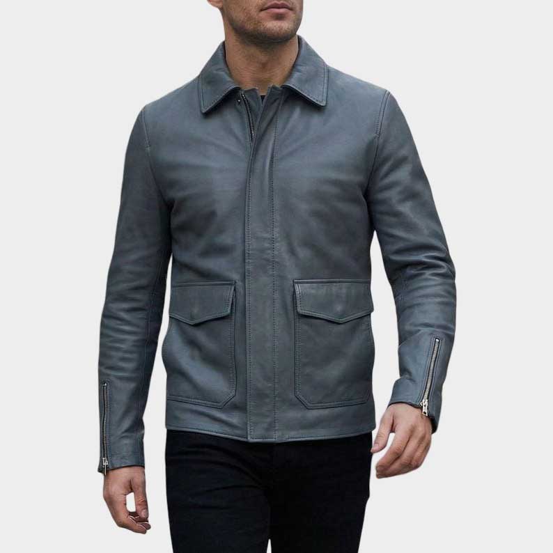 Grey Cowhide Leather Slim Fit Jacket for Men Designer High Fashion Outerwear
