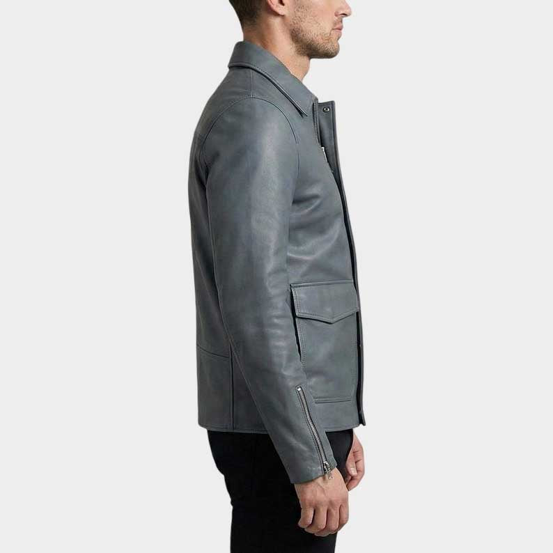 Grey Cowhide Leather Slim Fit Jacket for Men Designer High Fashion Outerwear