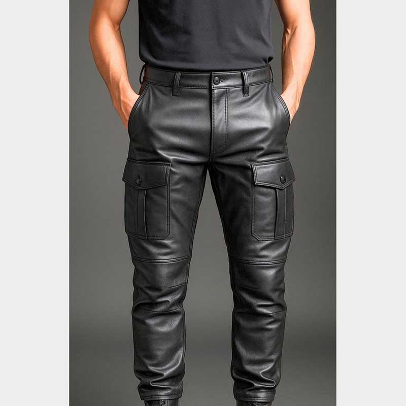 Handmade Black Leather Cargo Pants Gothic Biker Streetwear front view showing utility pockets and zipper closure