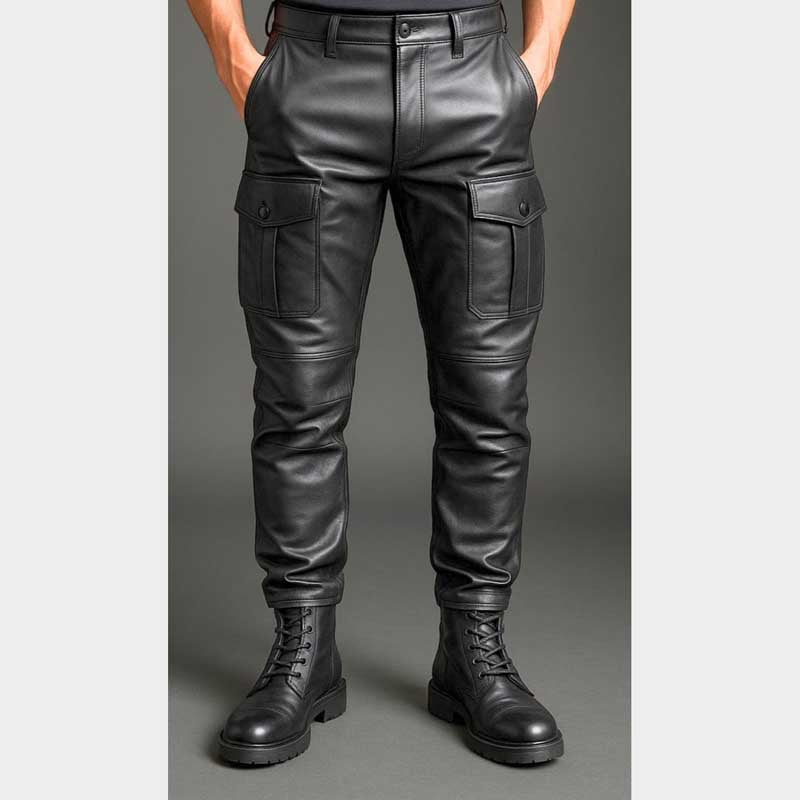 Handmade Black Leather Cargo Pants Gothic Biker Streetwear back view featuring genuine sheepskin leather construction