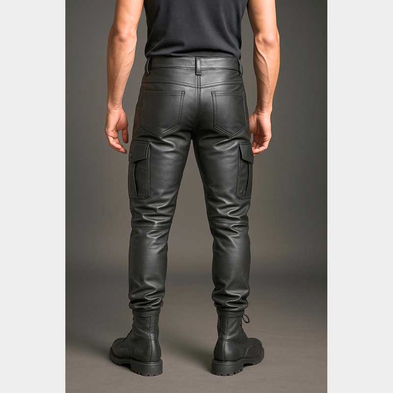 Handmade Black Leather Cargo Pants Gothic Biker Streetwear close up of cargo pocket detail and quality stitching