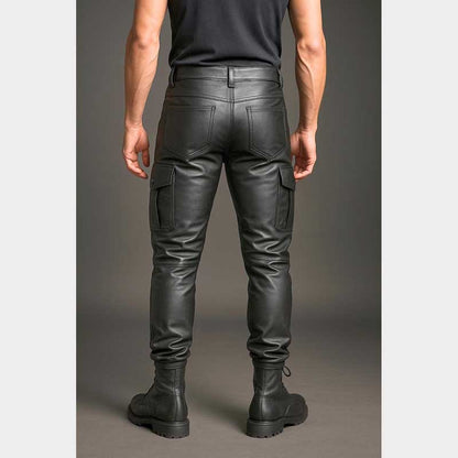 Handmade Black Leather Cargo Pants Gothic Biker Streetwear close up of cargo pocket detail and quality stitching