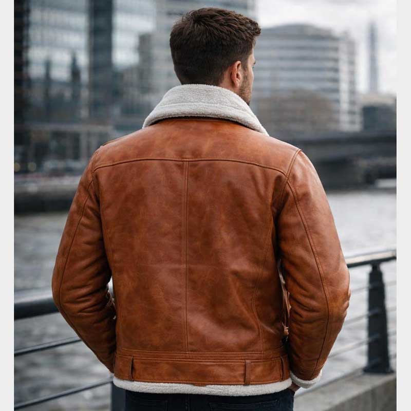 Handmade Brown Leather Bomber Jacket Mens Shearling Aviator Coat back panel featuring premium brown leather construction