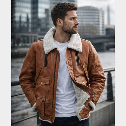Handmade Brown Leather Bomber Jacket Mens Shearling Aviator Coat front view showing shearling collar and zip closure