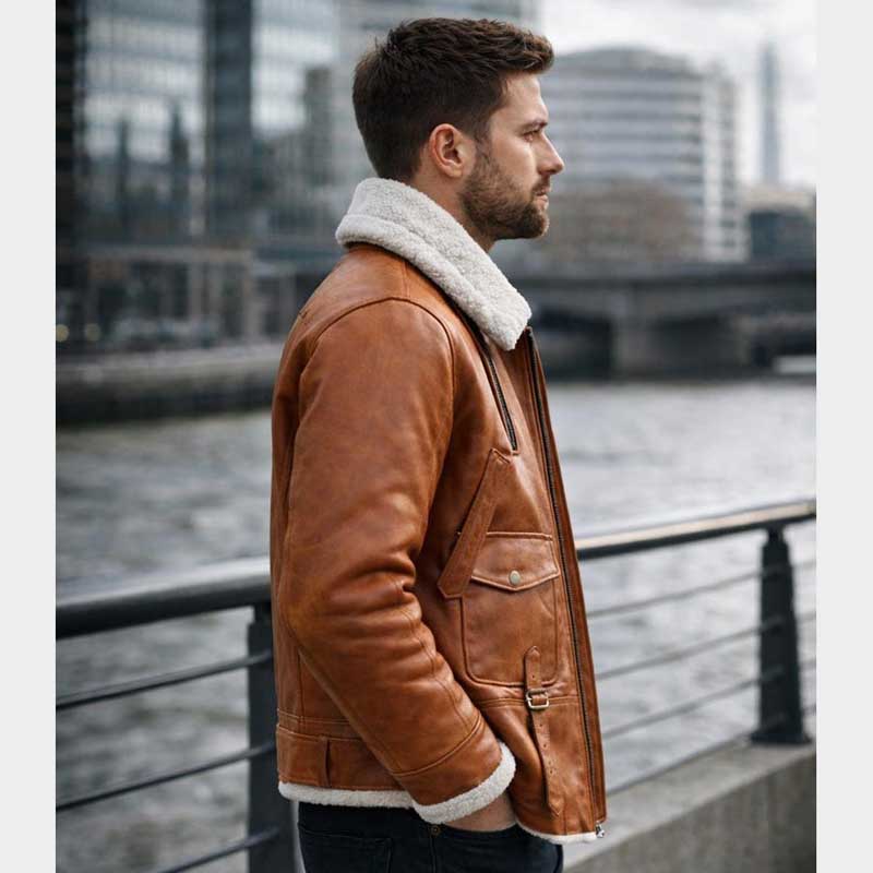 Handmade Brown Leather Bomber Jacket Mens Shearling Aviator Coat side profile highlighting classic bomber silhouette