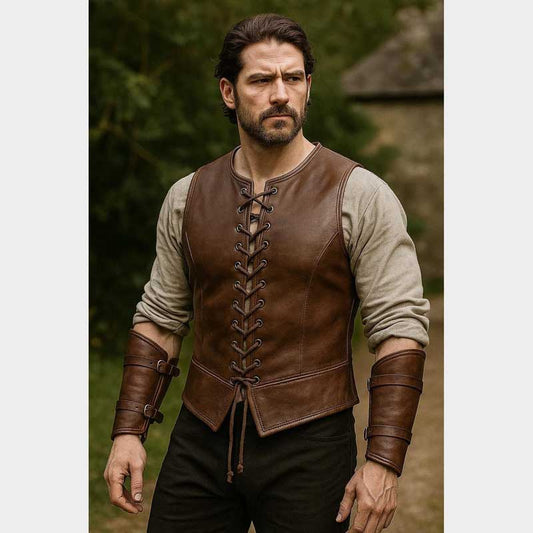 Handmade Mens Medieval Leather Vest Vintage Brown Renaissance Costume front view showing traditional lace up closure