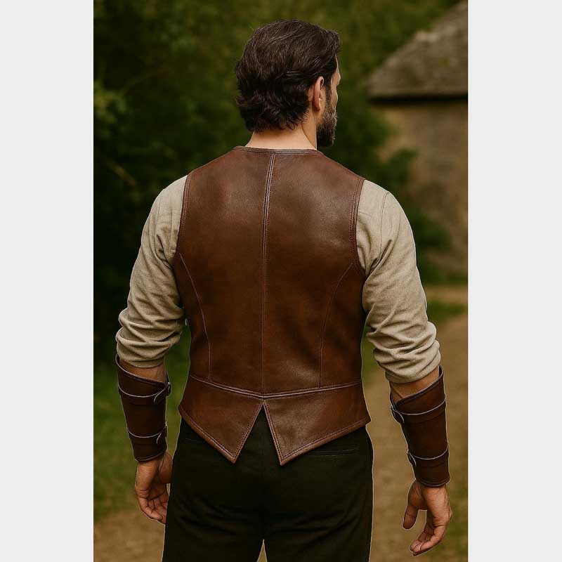 Handmade Mens Medieval Leather Vest Vintage Brown Renaissance Costume back panel featuring genuine cowhide leather construction
