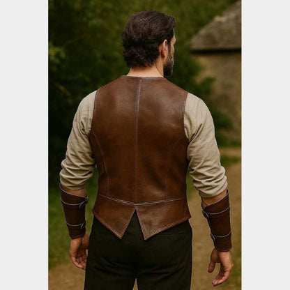 Handmade Mens Medieval Leather Vest Vintage Brown Renaissance Costume back panel featuring genuine cowhide leather construction