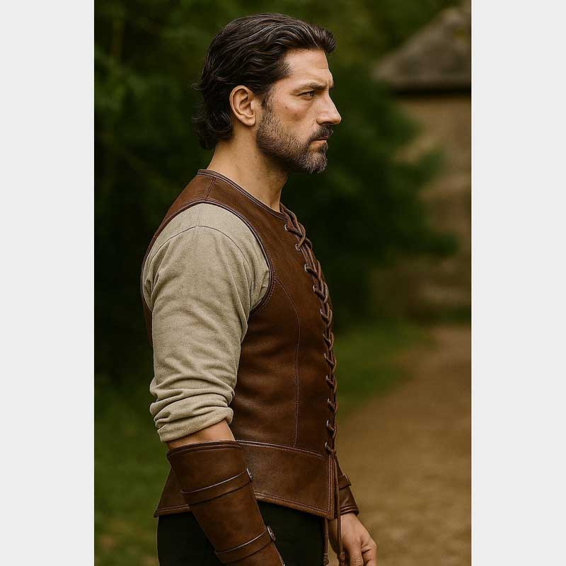 Handmade Mens Medieval Leather Vest Vintage Brown Renaissance Costume side profile highlighting authentic medieval styling