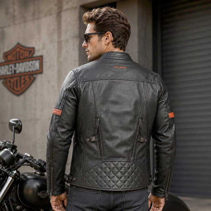 Men's black waterproof cowhide motorcycle leather jacket