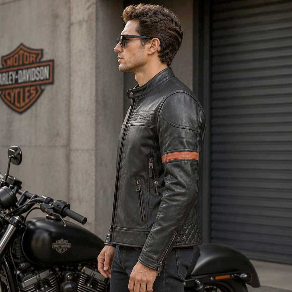 Men's ventilated touring leather biker jacket with CE armor