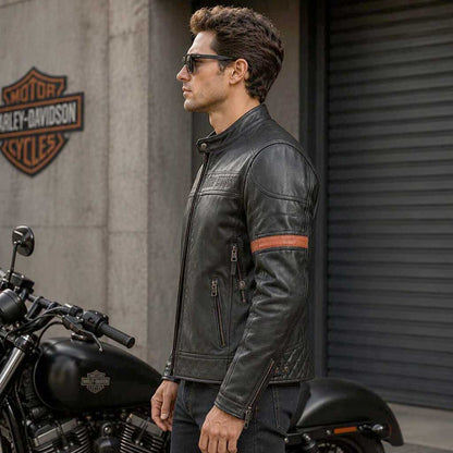 Men's ventilated touring leather biker jacket with CE armor