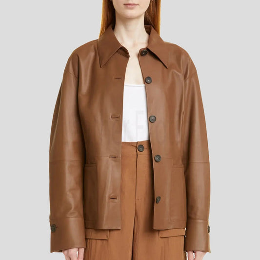 Women’s Hazelnut Brown Leather Shirt Jacket – Timeless Utility Look