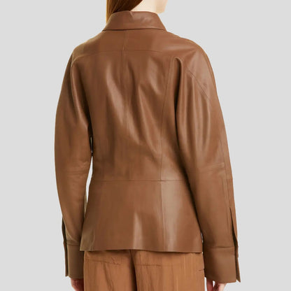 Women’s Hazelnut Brown Leather Shirt Jacket – Timeless Utility Look