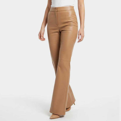 High Waist Camel Brown Real Leather Flared Pants for Women