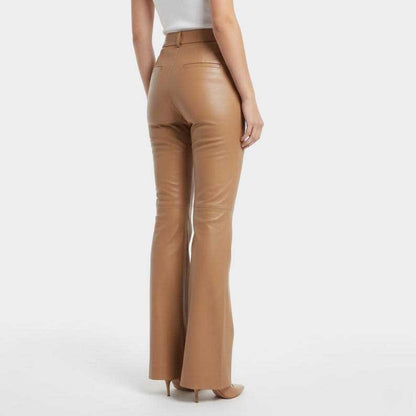 High Waist Camel Brown Real Leather Flared Pants for Women