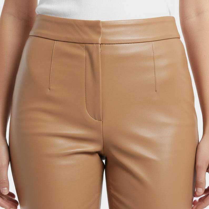 High Waist Camel Brown Real Leather Flared Pants for Women