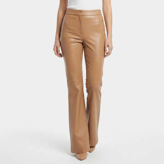 High Waist Camel Brown Real Leather Flared Pants for Women