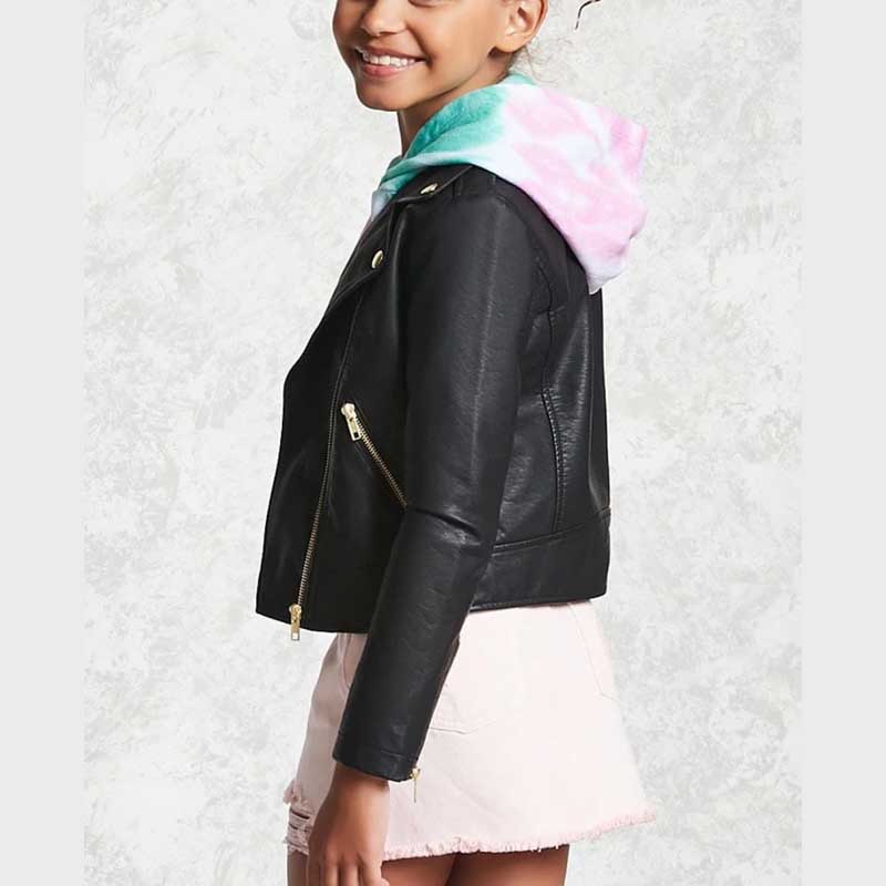 Kids Black Leather Biker Jacket with Asymmetric Zipper Closure