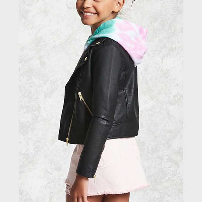 Kids Black Leather Biker Jacket with Asymmetric Zipper Closure