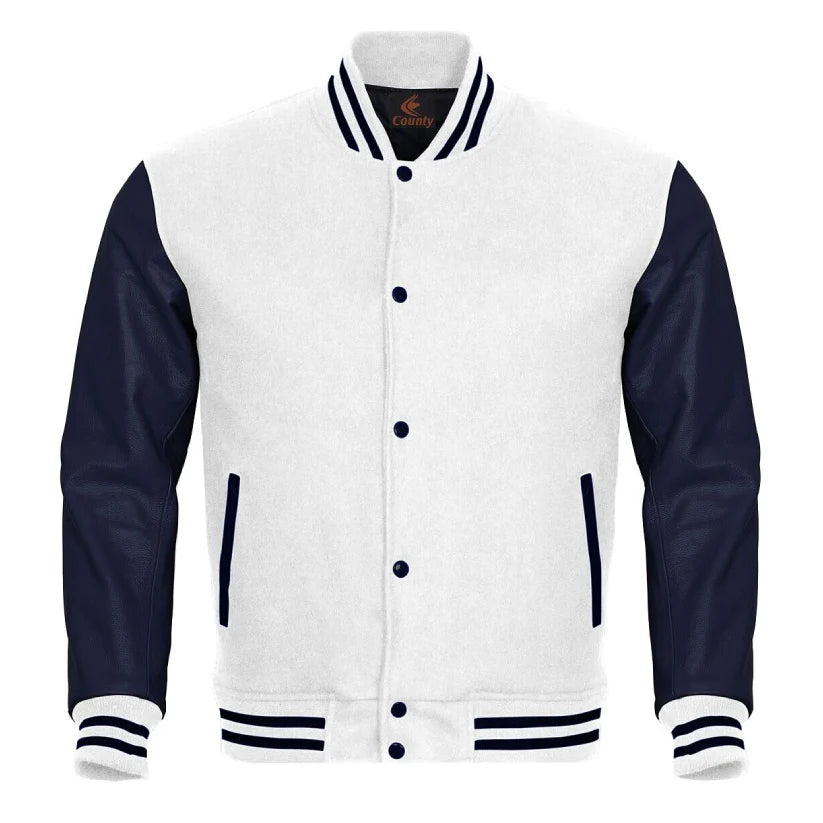 White Body and Navy Blue Leather Sleeves Varsity Jacket