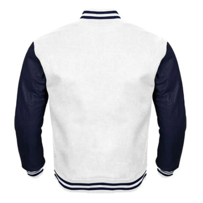 White Body and Navy Blue Leather Sleeves Varsity Jacket