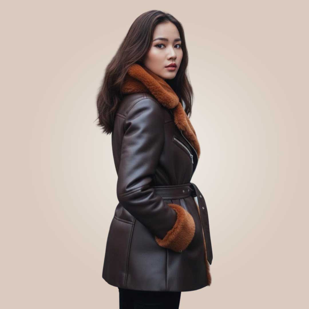 Luxury shearling lined leather coat women interior view