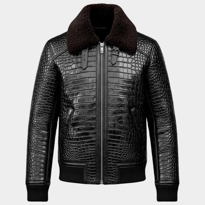 Men Black Crocodile Leather Aviator Jacket