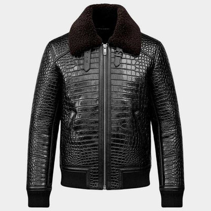 Men Black Crocodile Leather Aviator Jacket