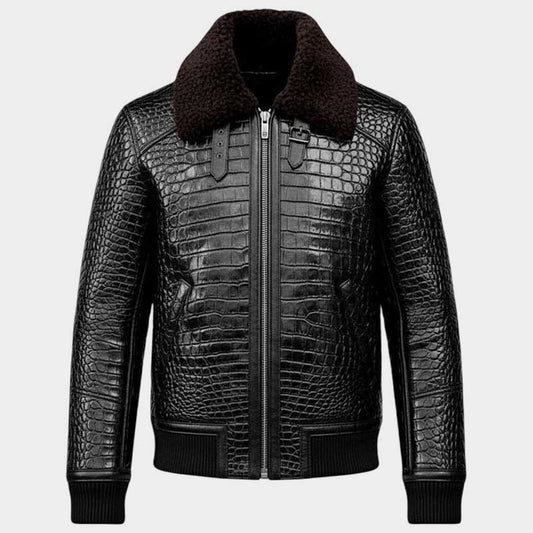 Men Black Crocodile Leather Aviator Jacket