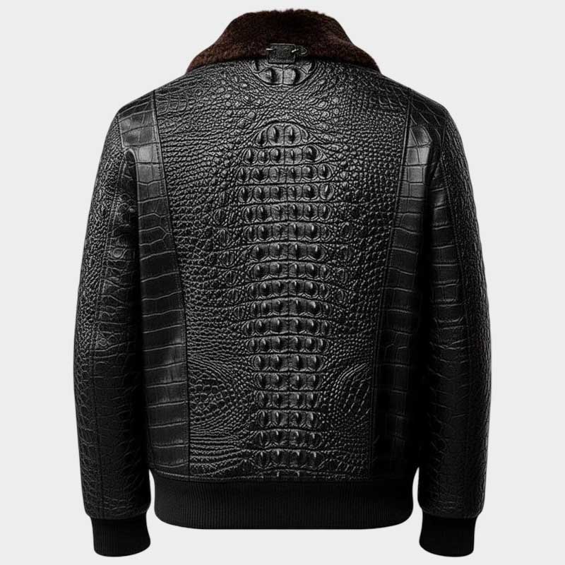 Men Black Crocodile Leather Aviator Jacket