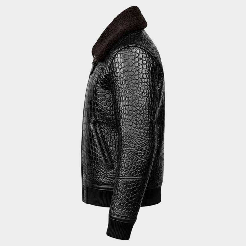 Men Black Crocodile Leather Aviator Jacket