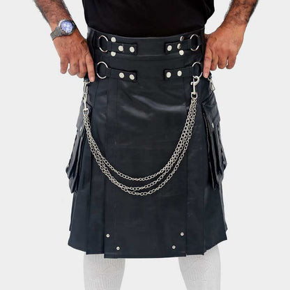 Men Black Leather Kilt with Chain