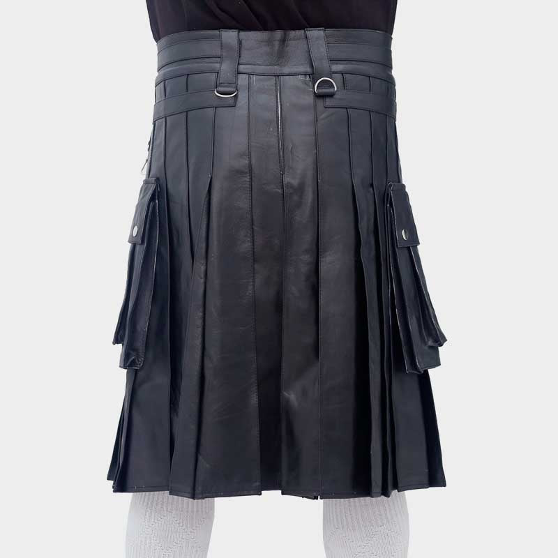 Men Black Leather Kilt with Chain