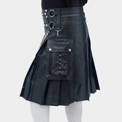 Men Black Leather Kilt with Chain