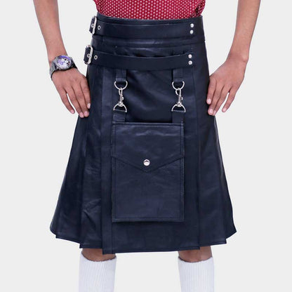 Men Black Leather Kilt with Detachable Front Pocket
