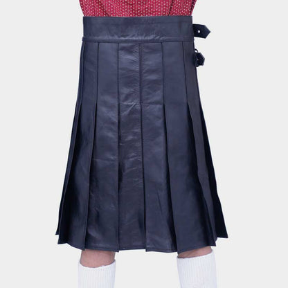 Men Black Leather Kilt with Detachable Front Pocket