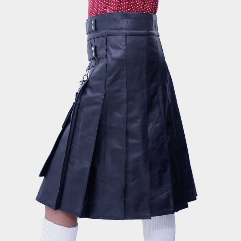 Men Black Leather Kilt with Detachable Front Pocket