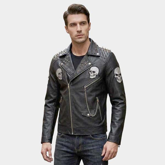 Men Black Studded Spiked Leather Biker Jacket with Embroidery Patch