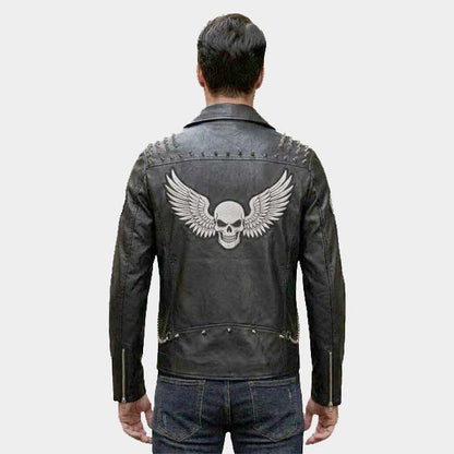 Men Black Studded Spiked Leather Biker Jacket with Embroidery Patch