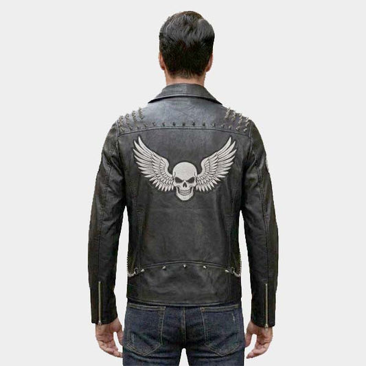 Men Black Studded Spiked Leather Biker Jacket with Embroidery Patch