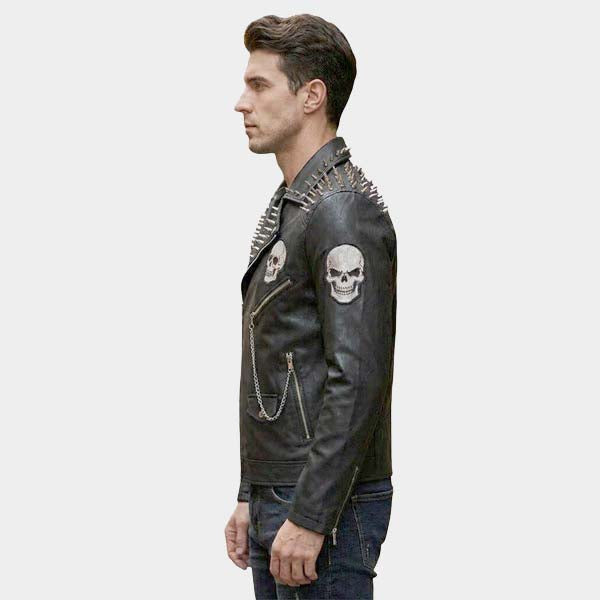 Men Black Studded Spiked Leather Biker Jacket with Embroidery Patch