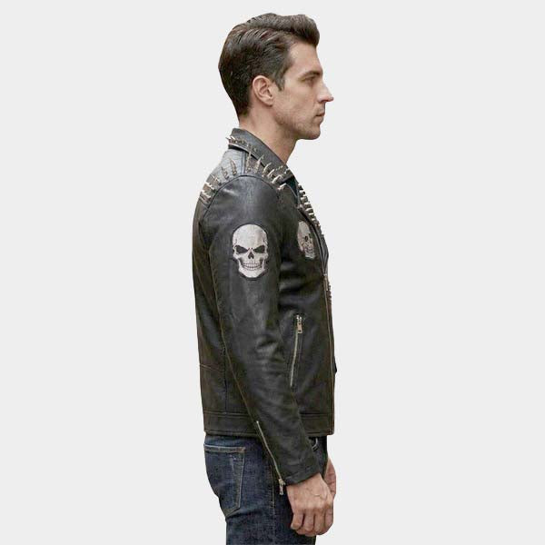 Men Black Studded Spiked Leather Biker Jacket with Embroidery Patch