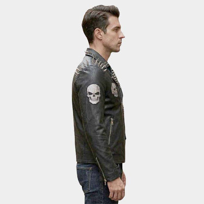 Men Black Studded Spiked Leather Biker Jacket with Embroidery Patch