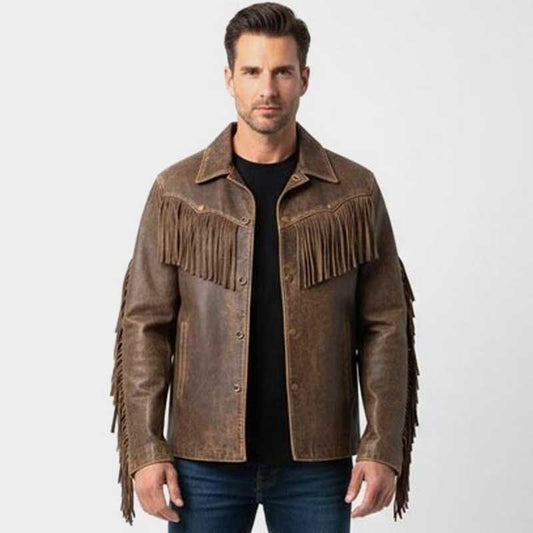 Men Brown Leather Fringe Western Jacket Vintage Distressed